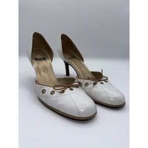 Stuart Weitzman D'Orsay Pumps White Leather Heels Bow Detail Women's Size 8